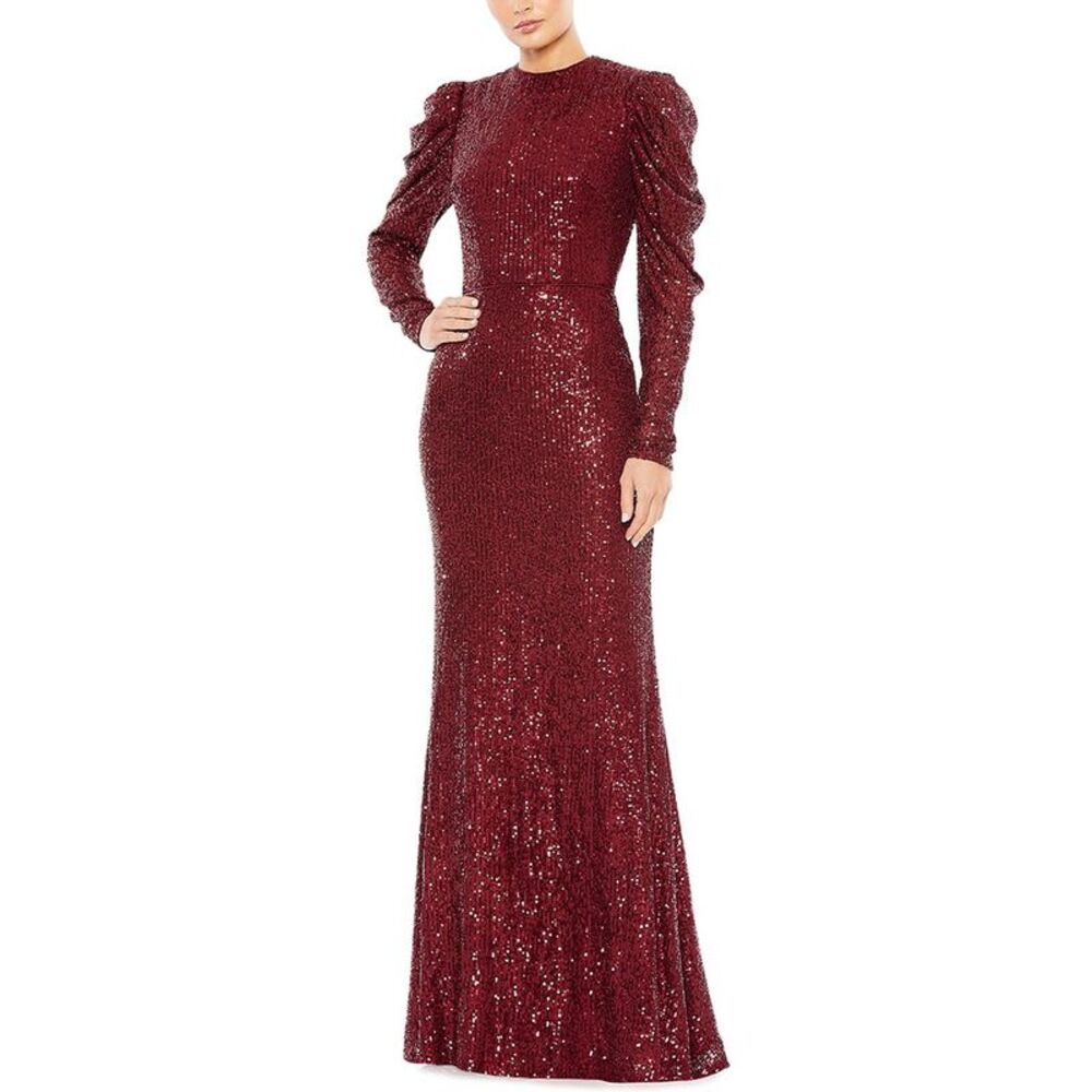 Mac Duggal Womens Sequined High Neck Puff Long Sleeve Column Gown, Red